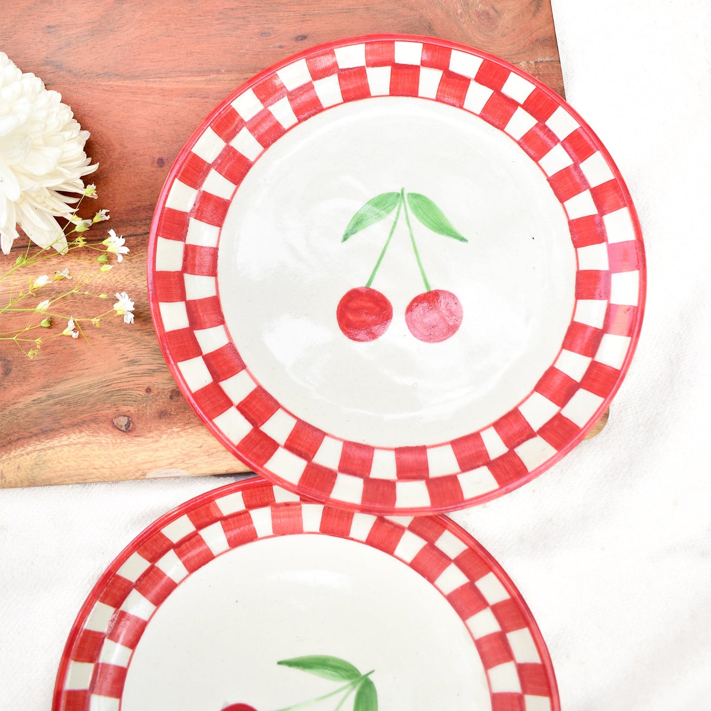 Serving Plate | Ceramic Checked Cherry | Set of 2, 7 Inches