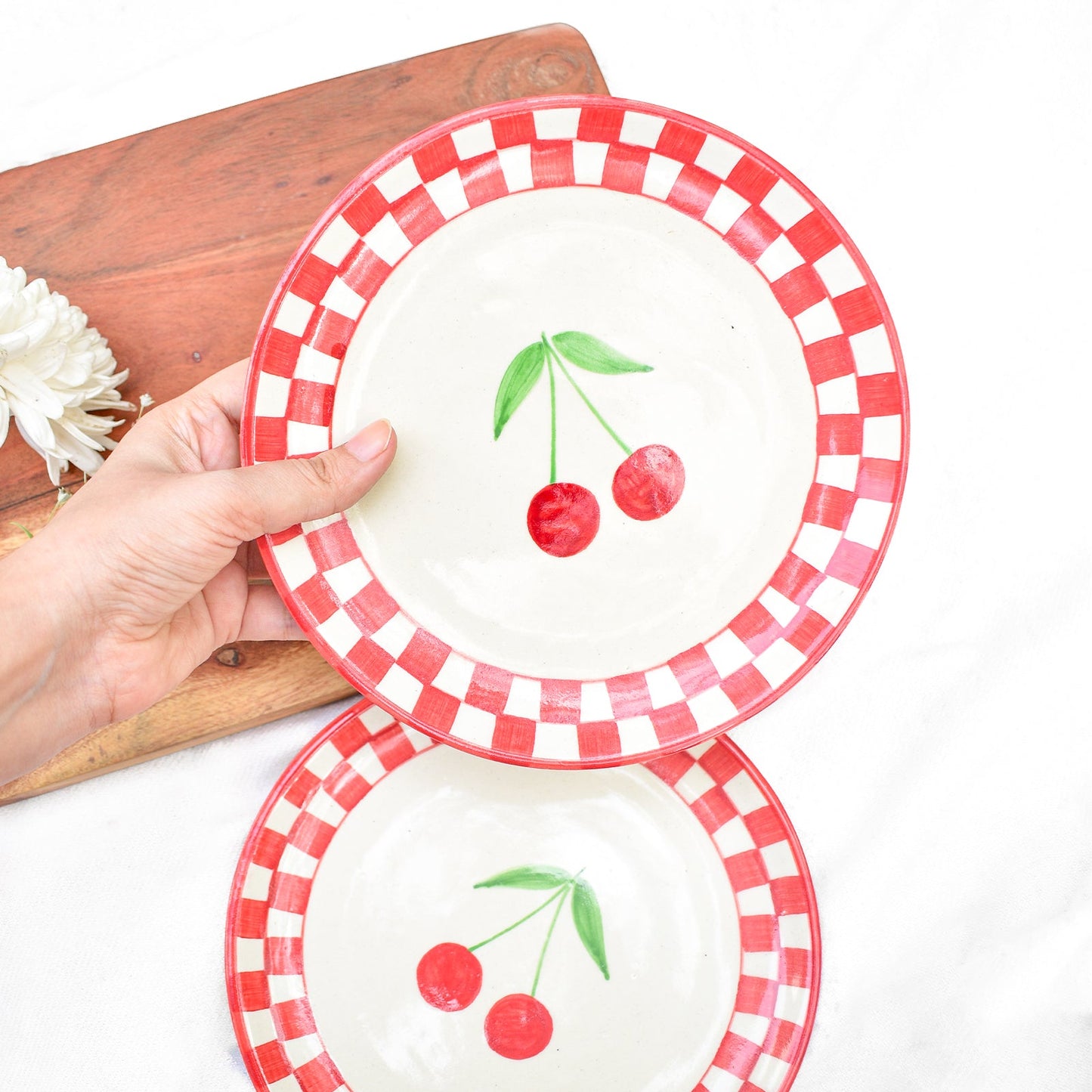 Serving Plate | Ceramic Checked Cherry | Set of 2, 7 Inches