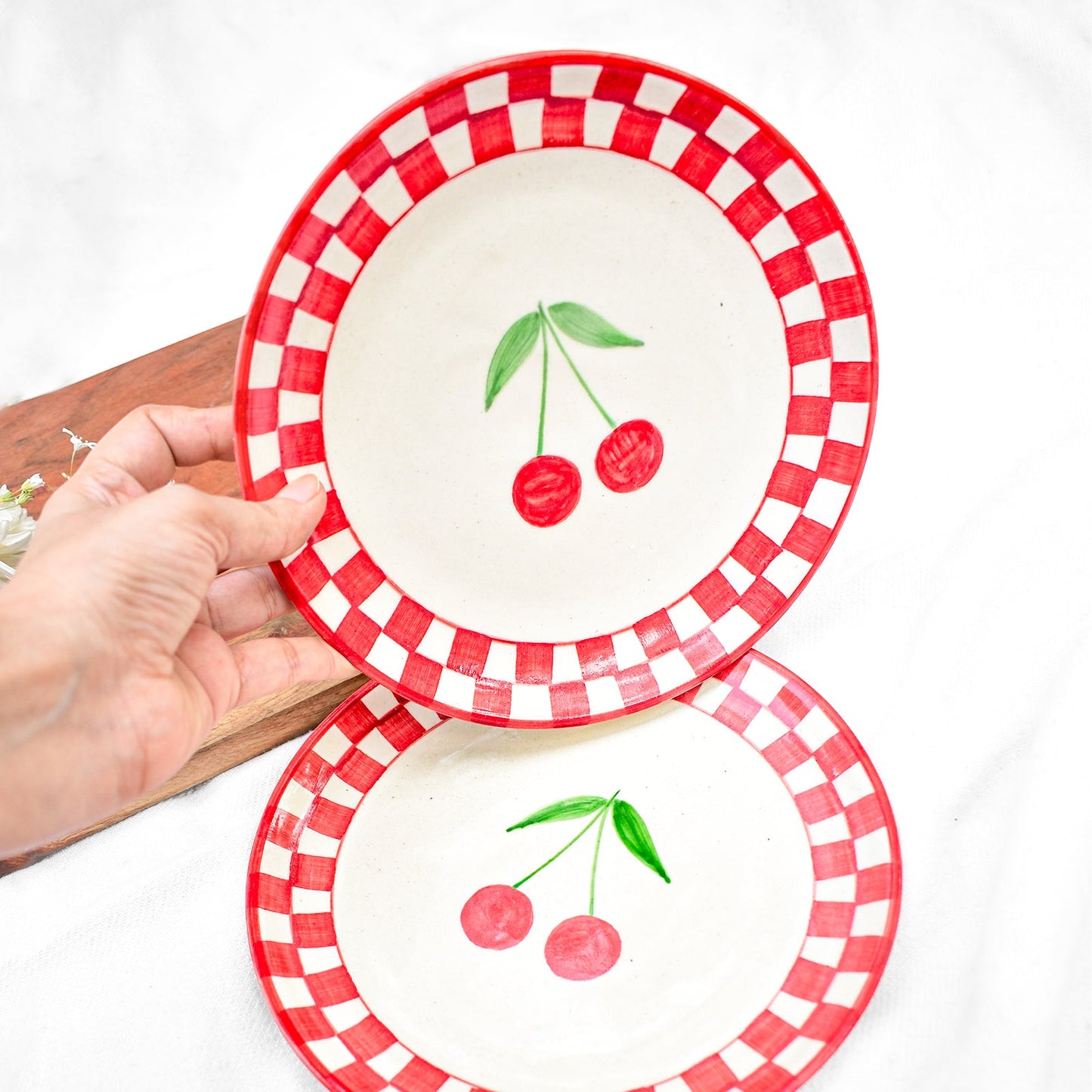 Serving Plate | Ceramic Checked Cherry | Set of 2, 7 Inches