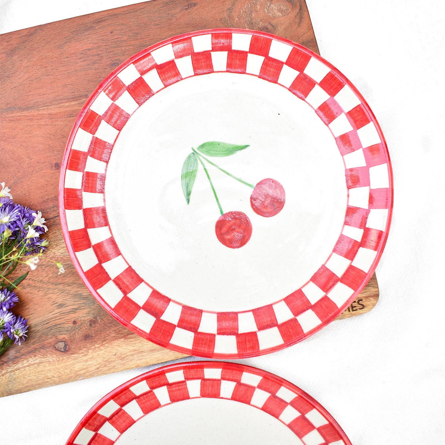 Serving Plate | Ceramic Checked Cherry | Set of 2, 7 Inches