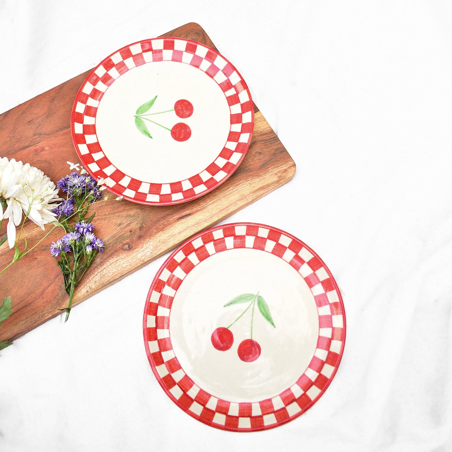 Serving Plate | Ceramic Checked Cherry | Set of 2, 7 Inches