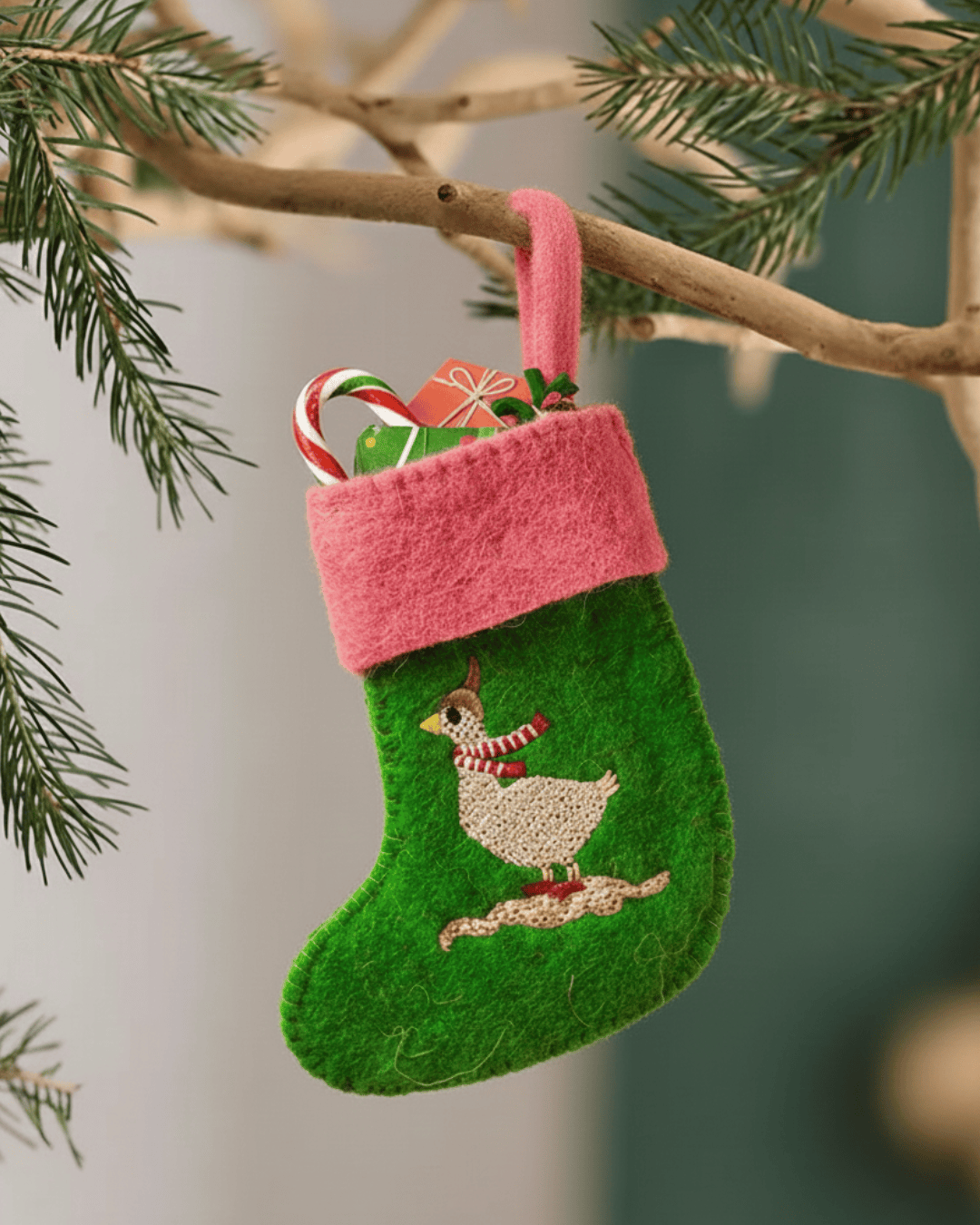 Christmas Ornament | Felt Embroidered Silly Goose | Miniature Stocking