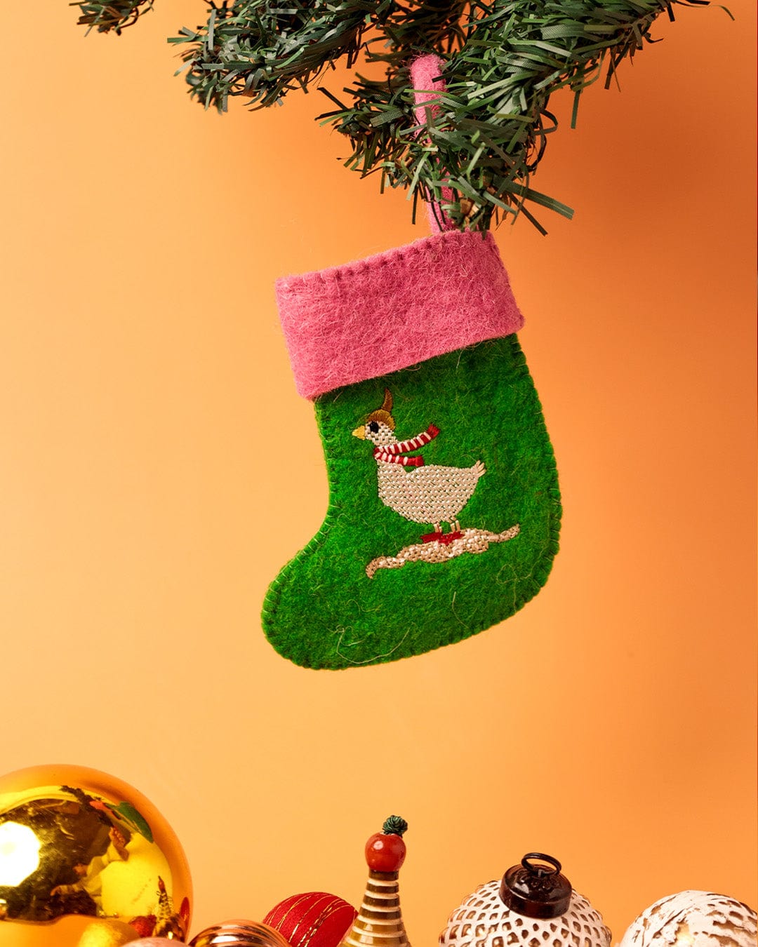 Christmas Ornament | Felt Embroidered Silly Goose | Miniature Stocking
