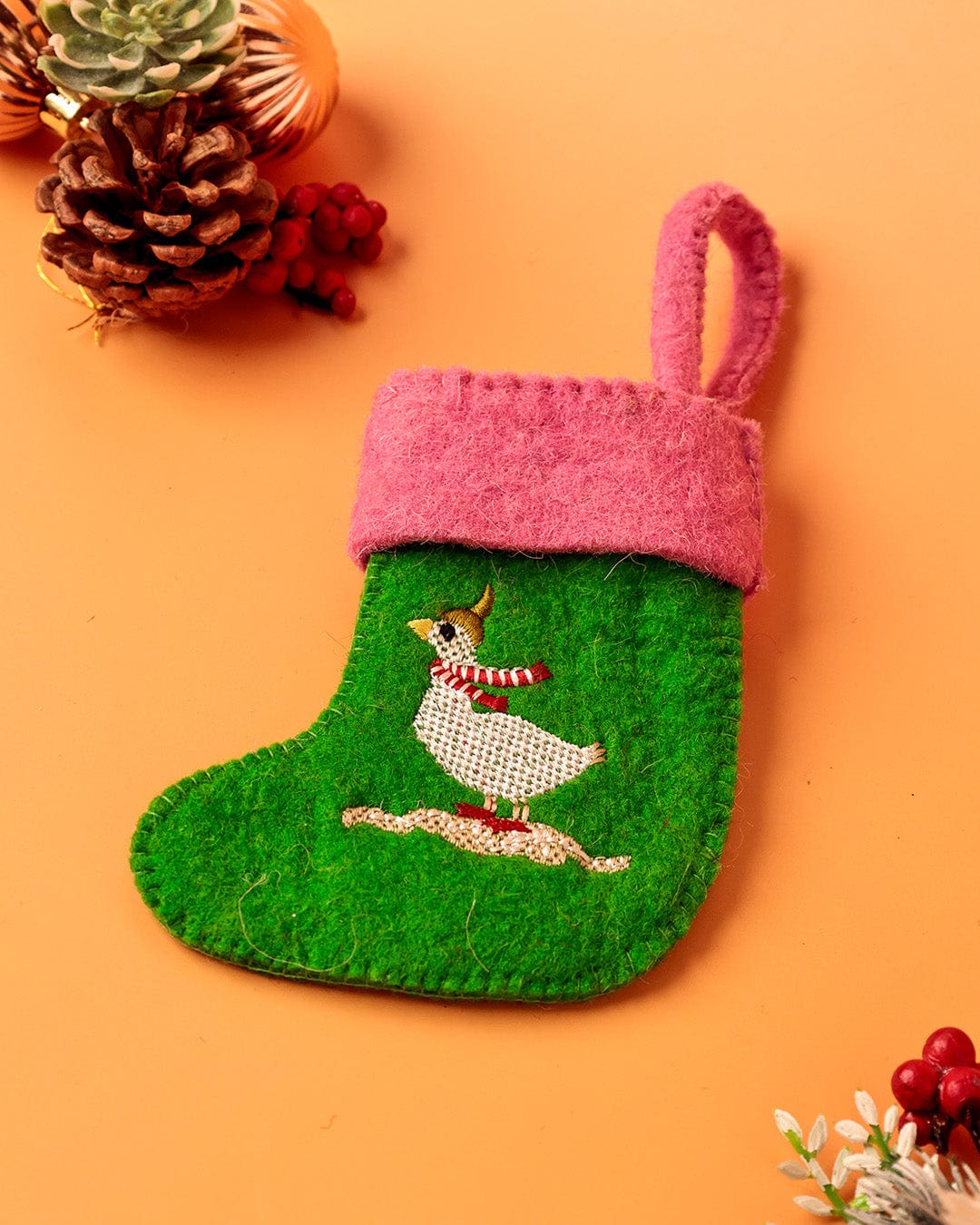 Christmas Ornament | Felt Embroidered Silly Goose | Miniature Stocking
