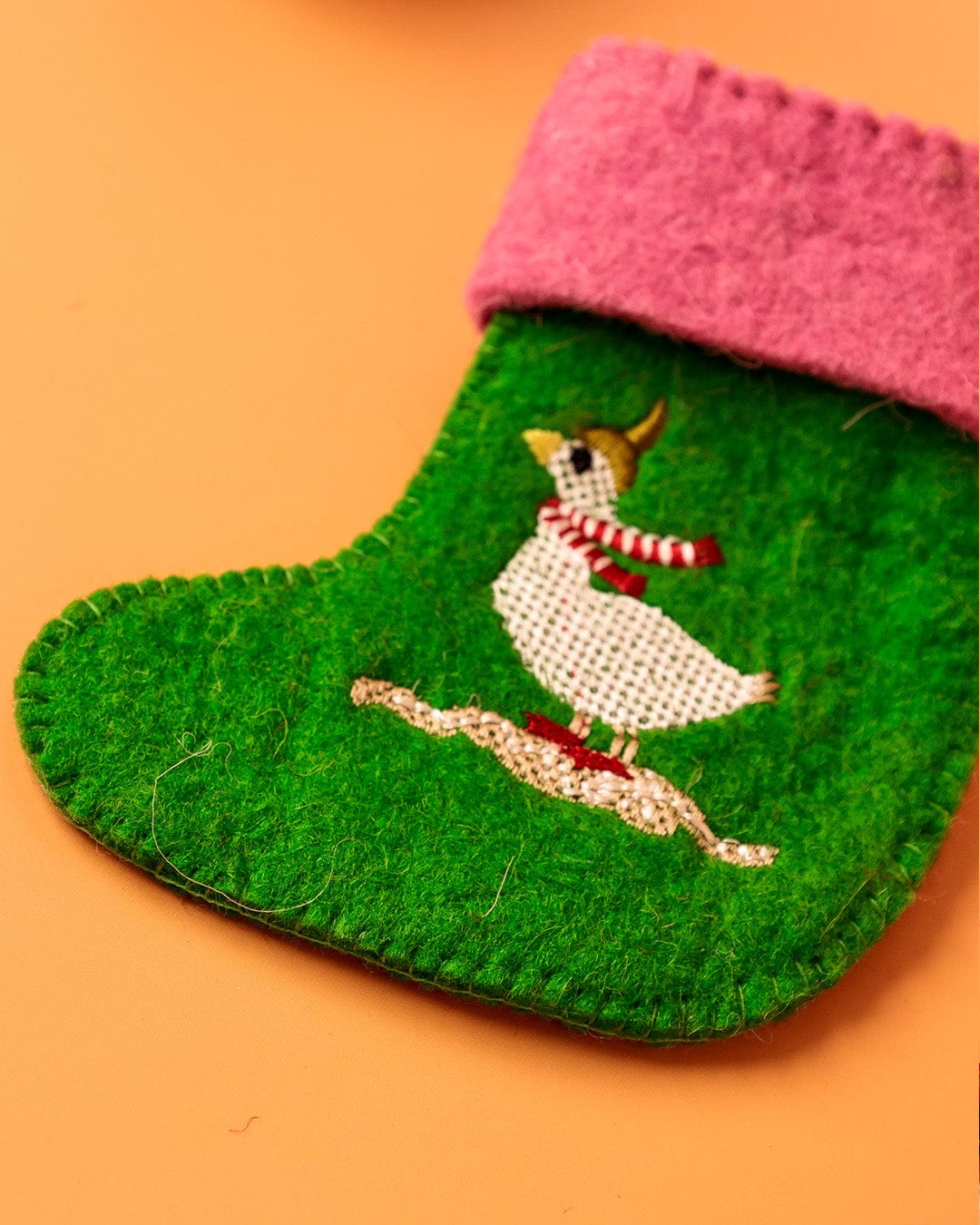 Christmas Ornament | Felt Embroidered Silly Goose | Miniature Stocking