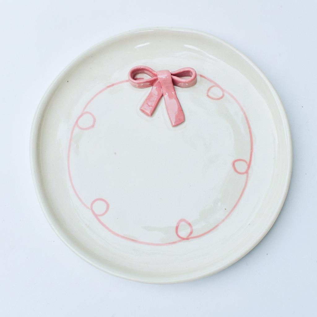 Serving Plate | Ceramic 3D Bow | Set of 2, Pink, 7 Inches