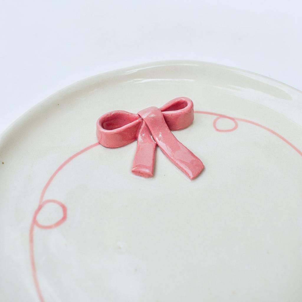 Serving Plate | Ceramic 3D Bow | Set of 2, Pink, 7 Inches