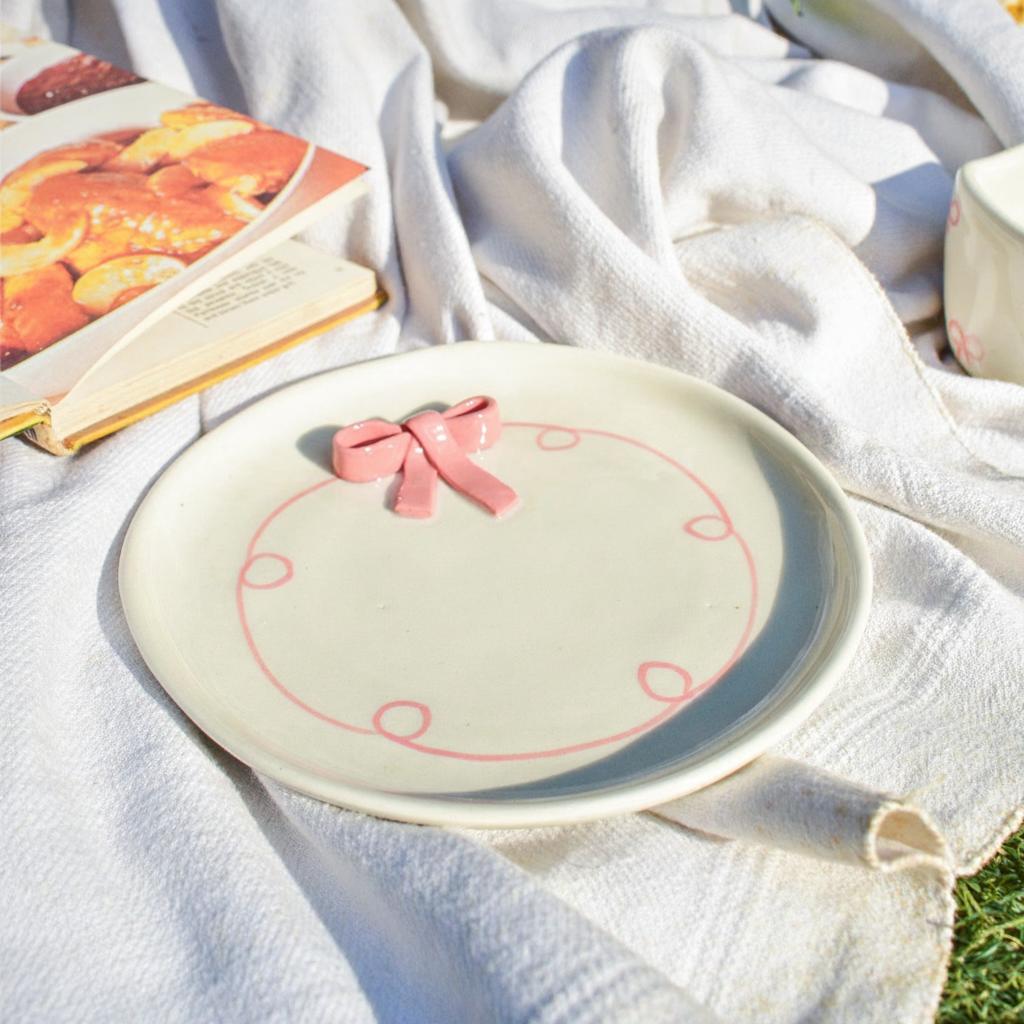 Serving Plate | Ceramic 3D Bow | Set of 2, Pink, 7 Inches