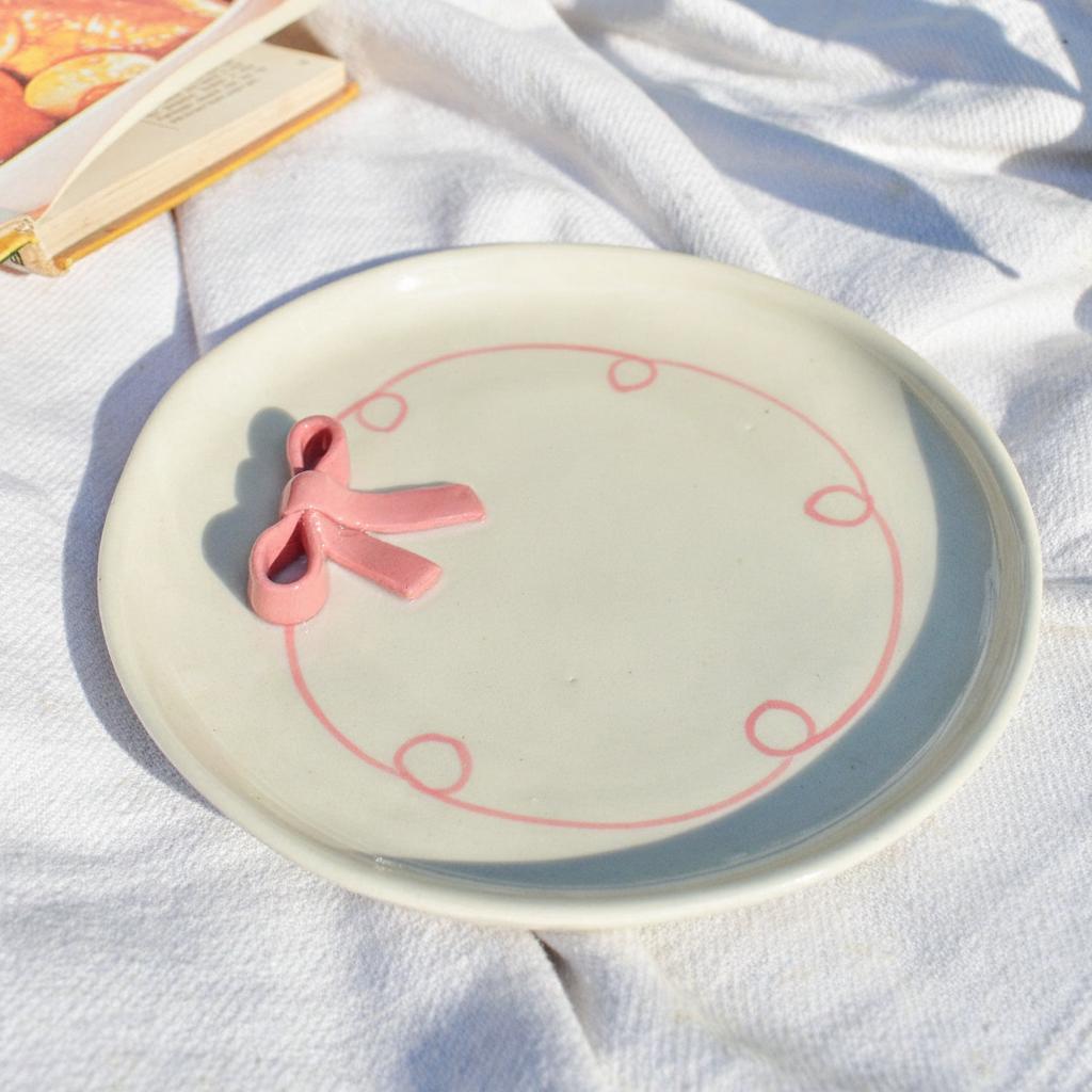 Serving Plate | Ceramic 3D Bow | Set of 2, Pink, 7 Inches