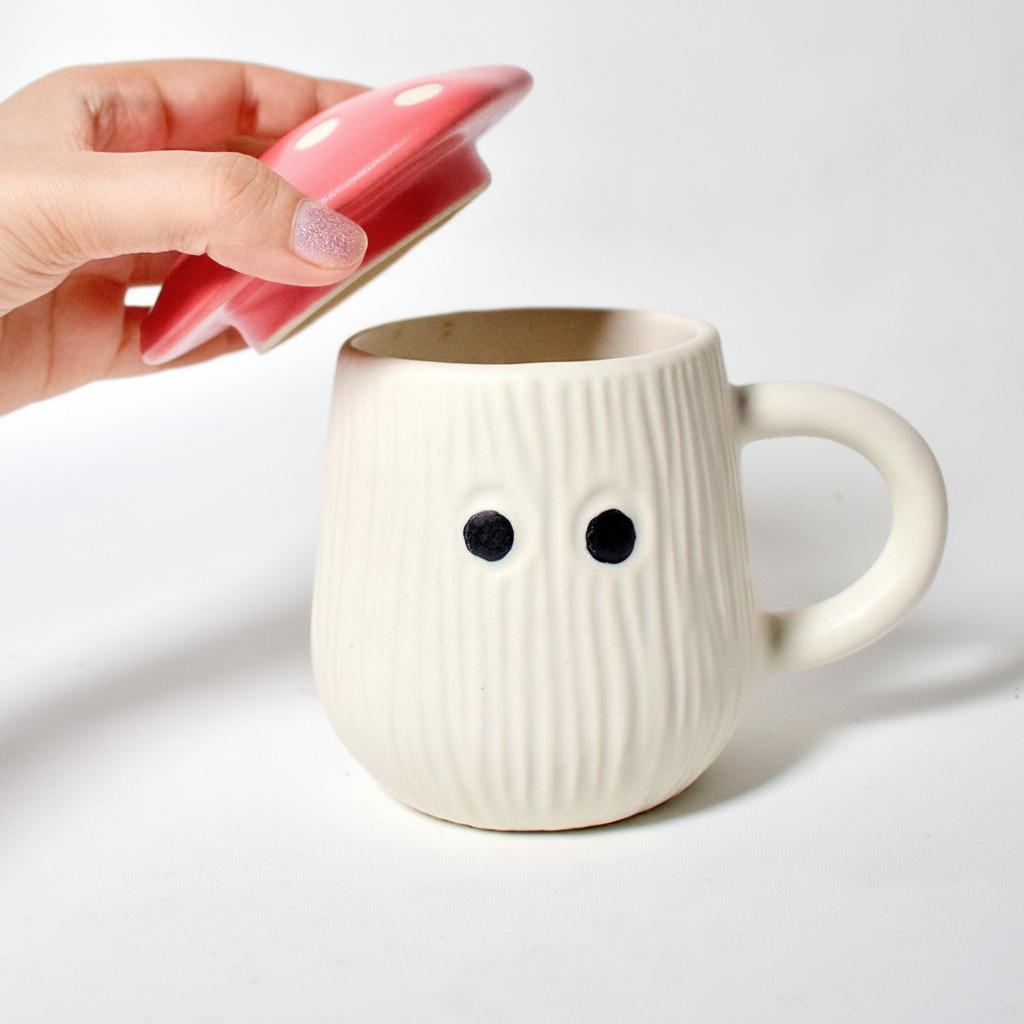 Mug | Ceramic Mushroom Cap | White & Red Lid