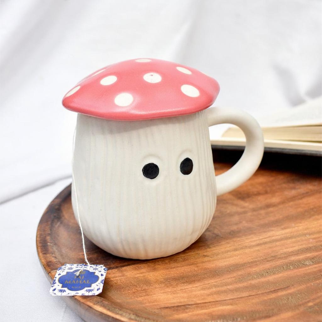 Mug | Ceramic Mushroom Cap | White & Red Lid
