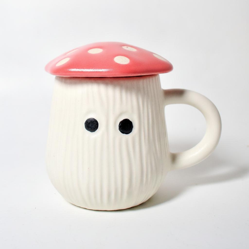 Mug | Ceramic Mushroom Cap | White & Red Lid