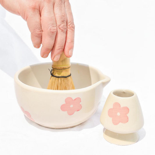 Whisk Holder | Ceramic Handcrafted Matcha Whisk Set | Pink Flower