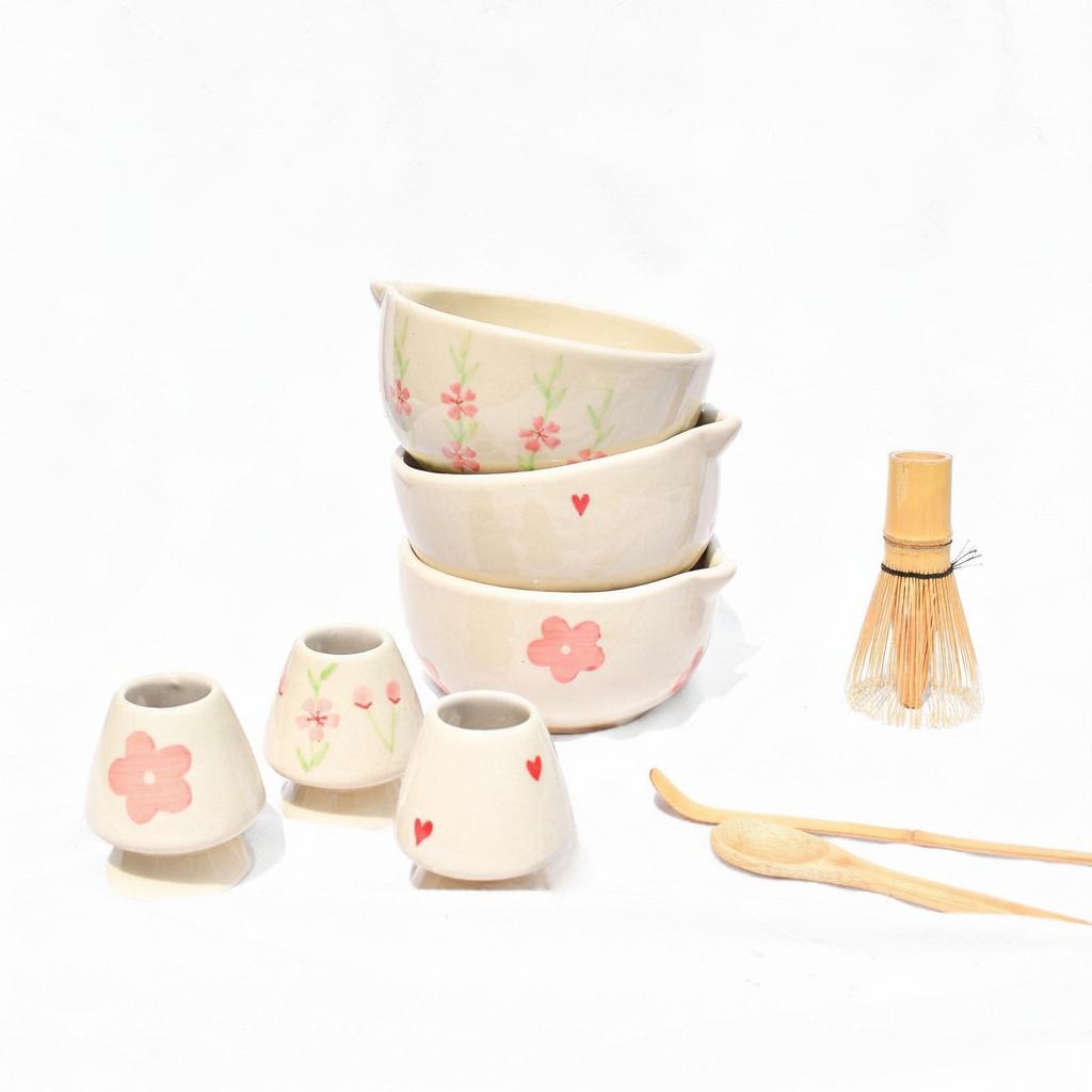 Whisk Holder | Ceramic Handcrafted Matcha Whisk Set | Pink Flower