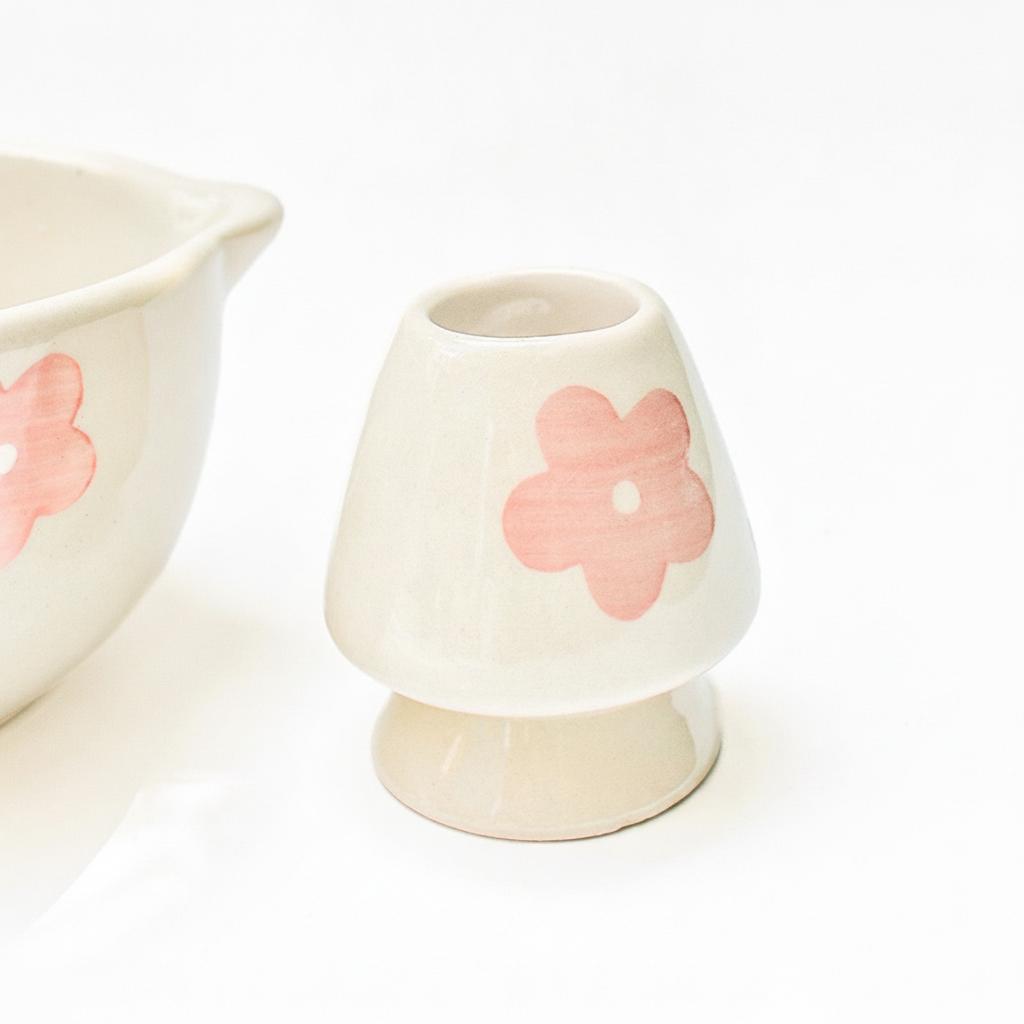 Whisk Holder | Ceramic Handcrafted Matcha Whisk Set | Pink Flower
