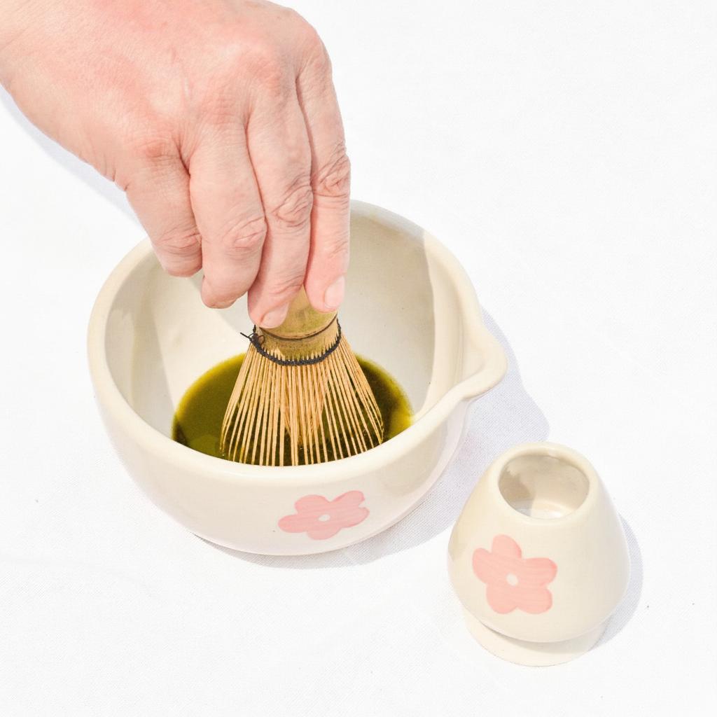 Whisk Holder | Ceramic Handcrafted Matcha Whisk Set | Pink Flower