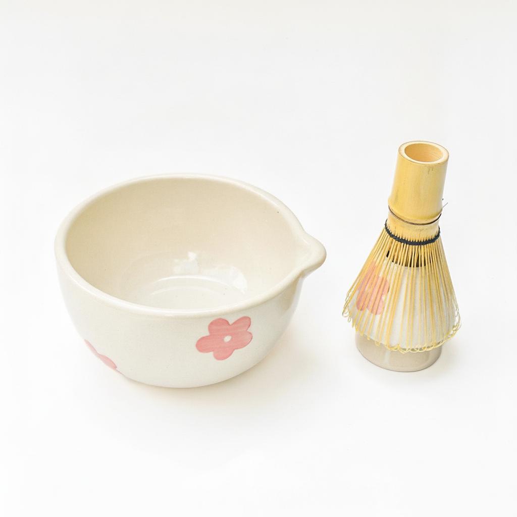 Whisk Holder | Ceramic Handcrafted Matcha Whisk Set | Pink Flower