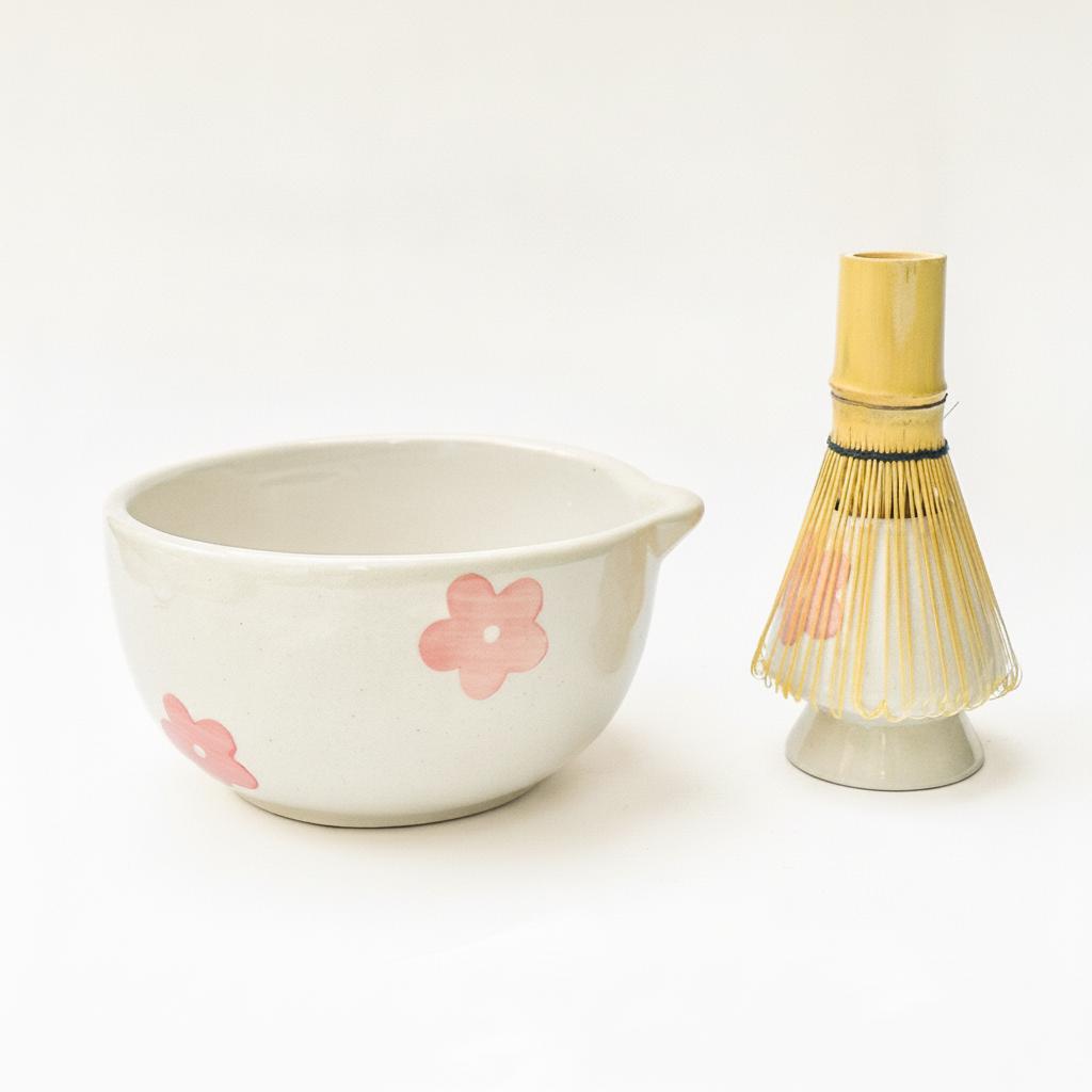 Whisk Holder | Ceramic Handcrafted Matcha Whisk Set | Pink Flower