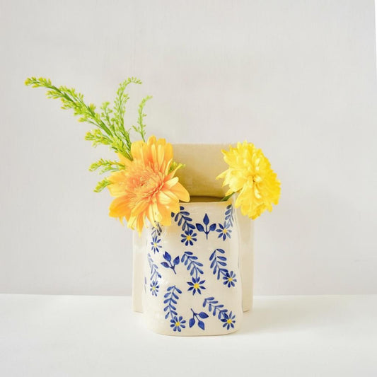 Planter | Ceramic  Hand-painted Indigo Flower Print
