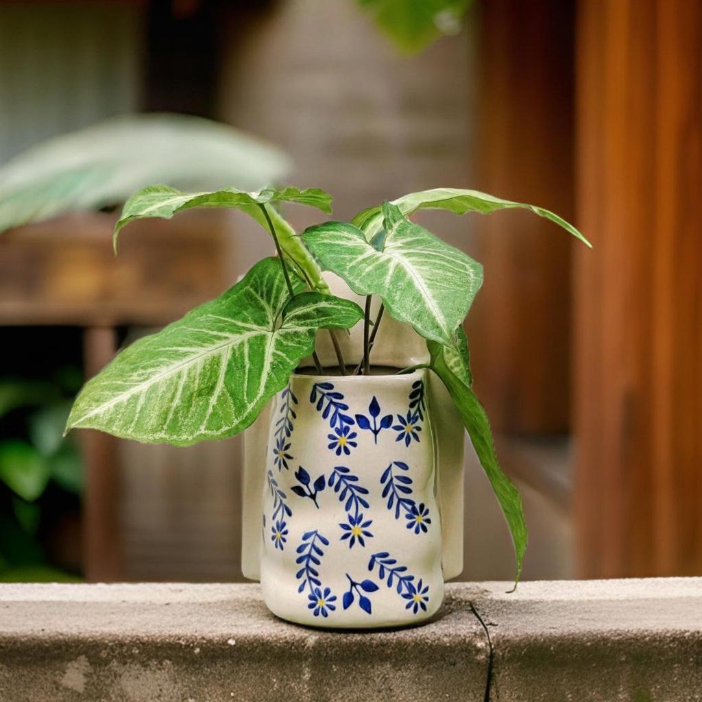 Planter | Ceramic  Hand-painted Indigo Flower Print