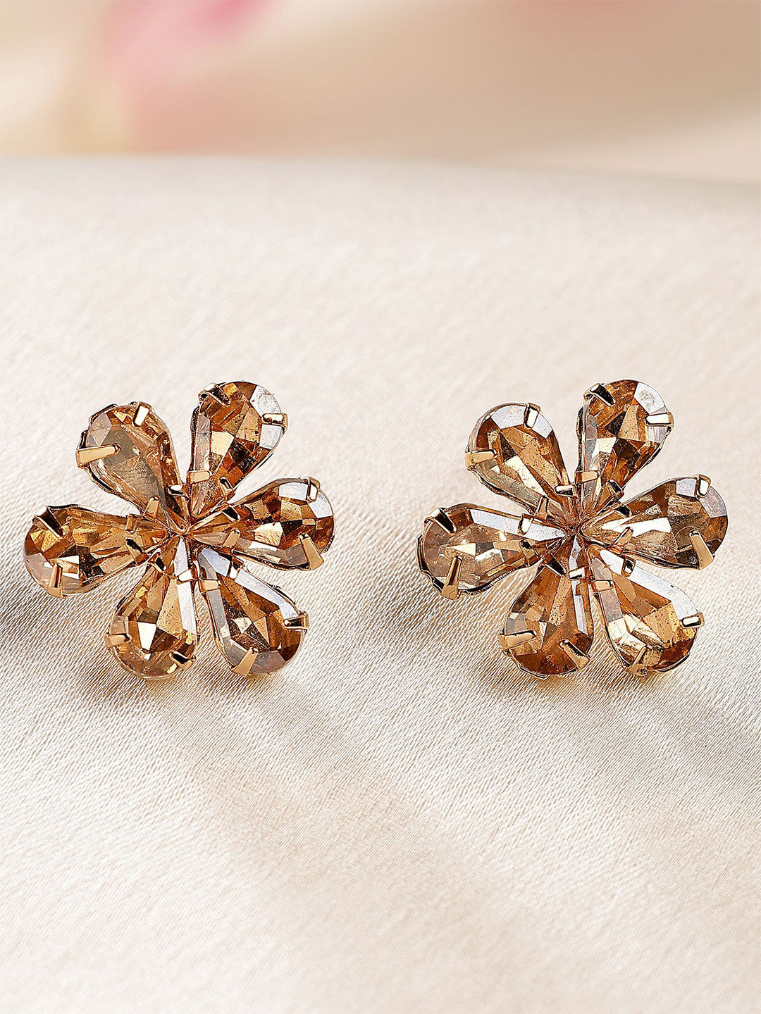 Gold-Plated Floral Stud Earrings – Rhinestone Embellished – Post-Back Closure – 2cm x 2cm