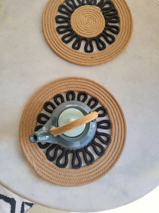 Set of 2 - Round Dining Placemats – Cotton Tabletop Textiles – Textured Pattern