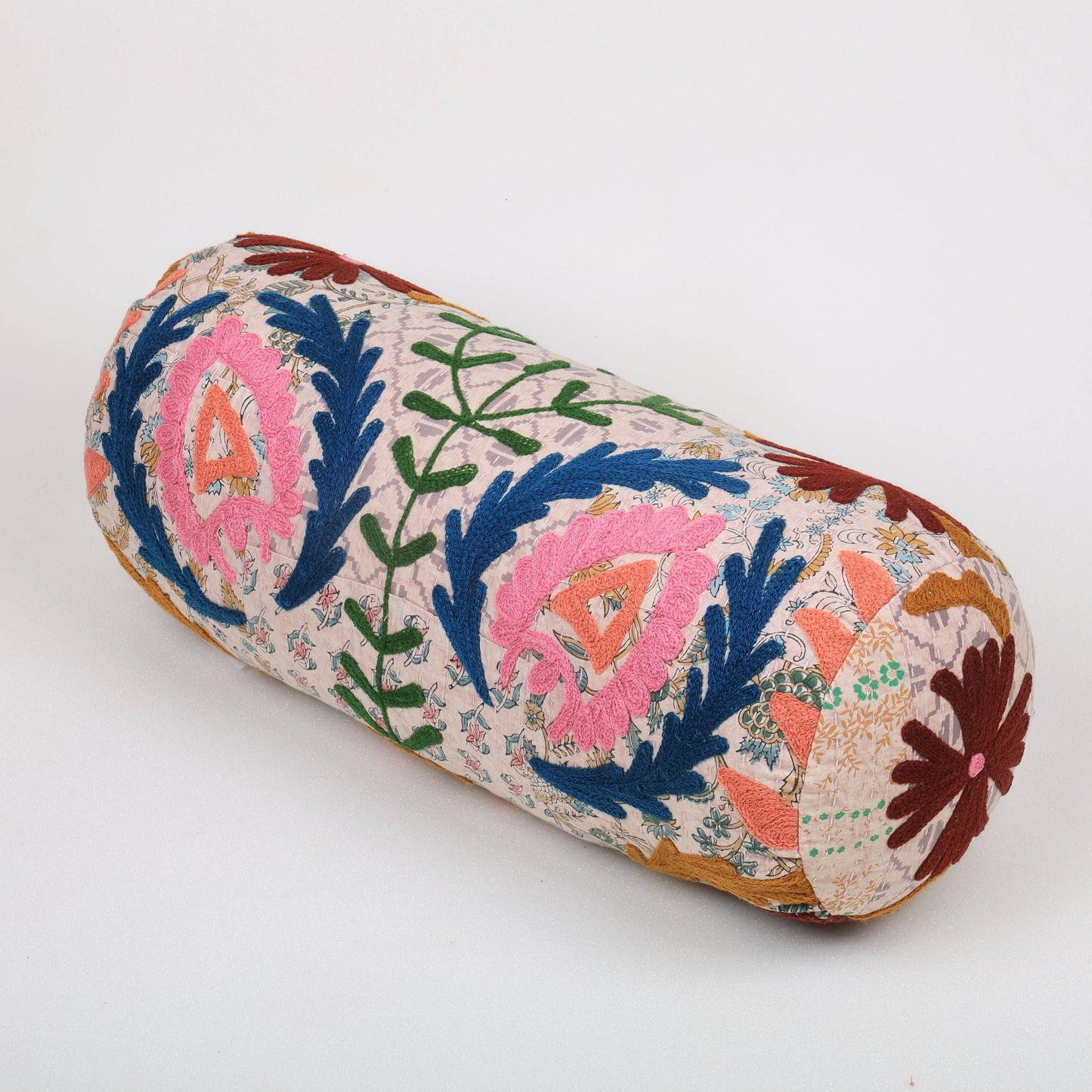 Floral Embroidered Cotton Bolster Cushion Multicolor 53 x 20