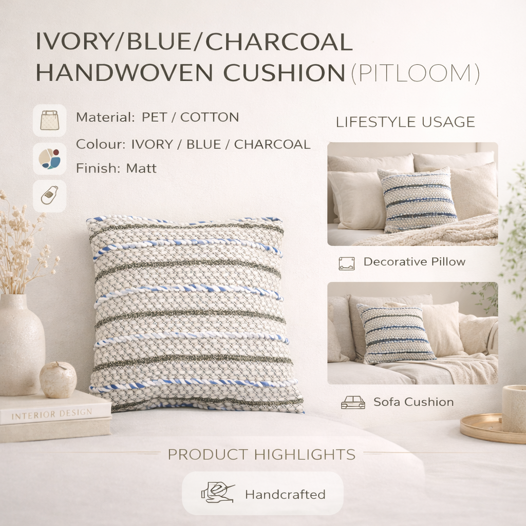 Ivory & Blue Textured Cushion with filler– Handwoven Design