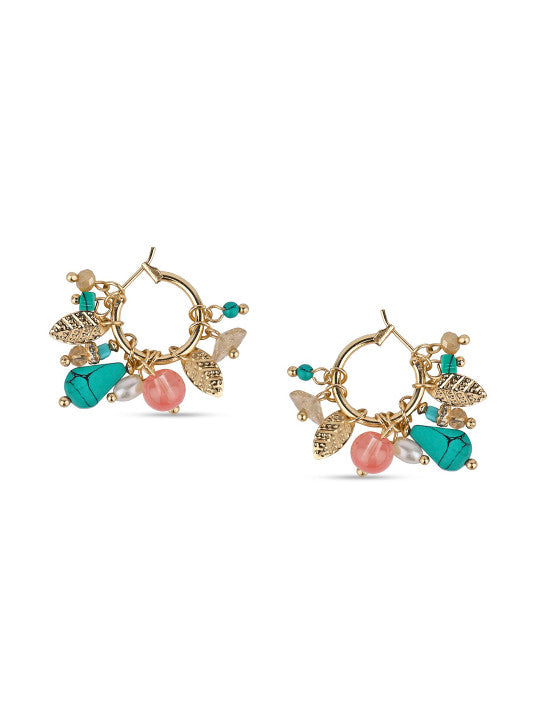 Faux Pearl & Foliage Adorned – Hoop Earrings – Gold-Toned Finish, Artificial Beads
