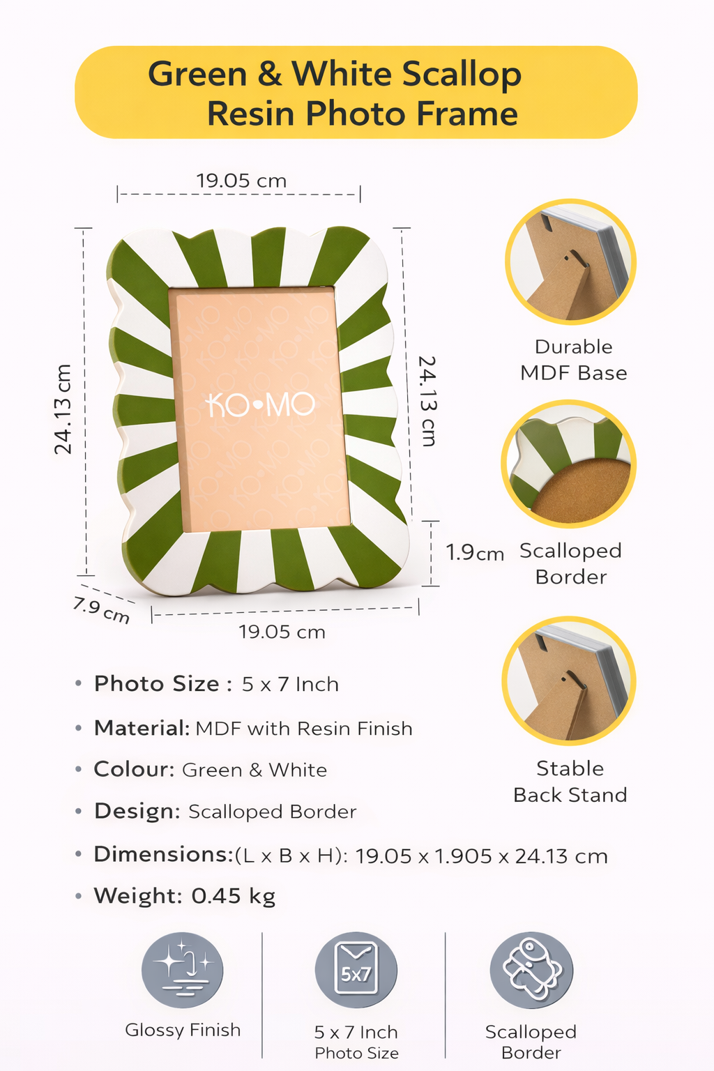 Green & White Scallop Photo Frame 5x7 Inch Resin MDF Décor