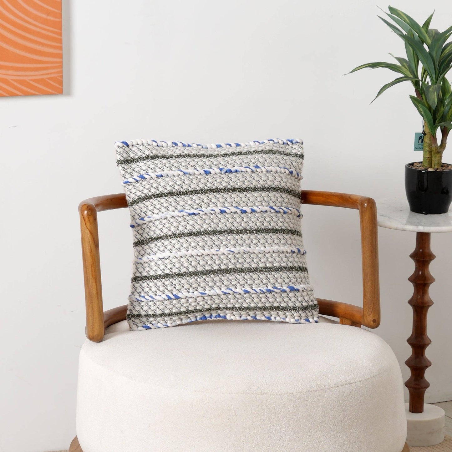 Ivory & Blue Textured Cushion with filler– Handwoven Design