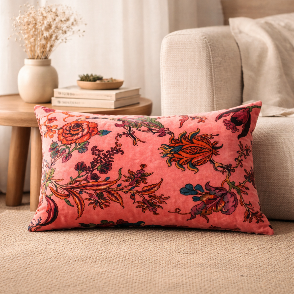 Velvet Eden Floral Cotton Lumbar Cushion 35 x 60 cm