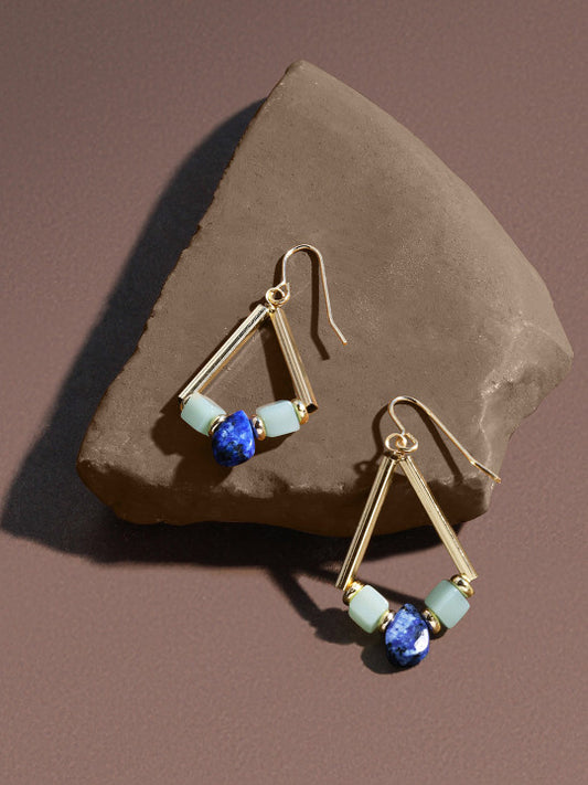 Geometric Dangle Earrings – Retail Fashion Jewellery – Gold Tone & Blue Metal – Secure Fish Hook
