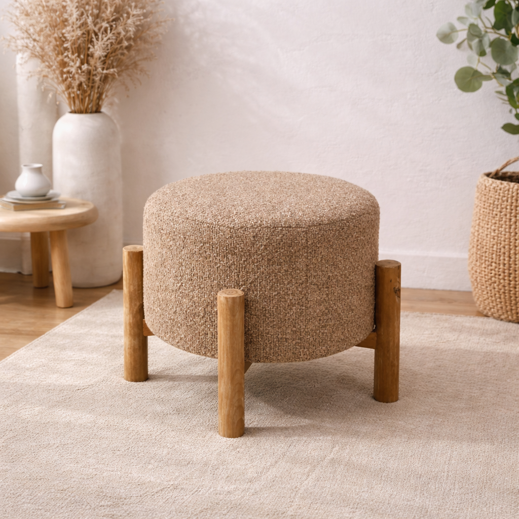 Beige Boucle Ottoman Stool with Wood Legs – 40 cm