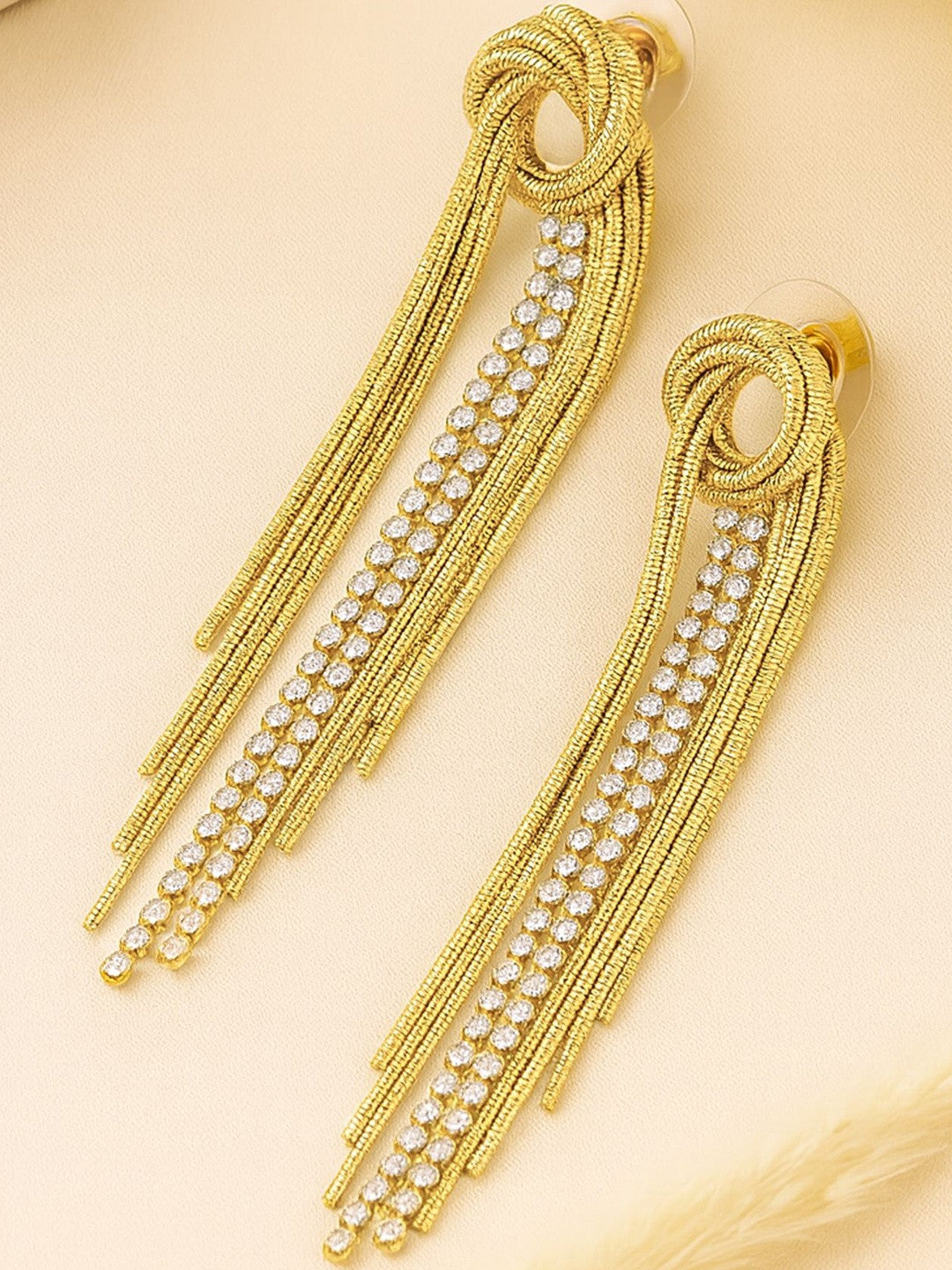 Gold-Plated American Diamond Chain Tassel Studs – Earrings – Gold-Toned Finish – 9.5cm Length