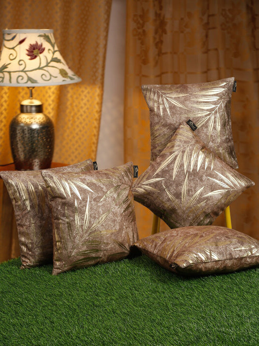 Brown Leaf Embellished Square Cushion Covers – Velvet – Durable 5-Piece Set – 16x16in