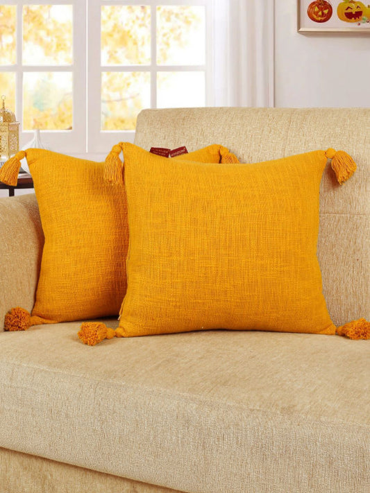 Set of 2 - Ochre Yellow Tasselled Pillow Covers – Square Accent Shams – Premium Cotton