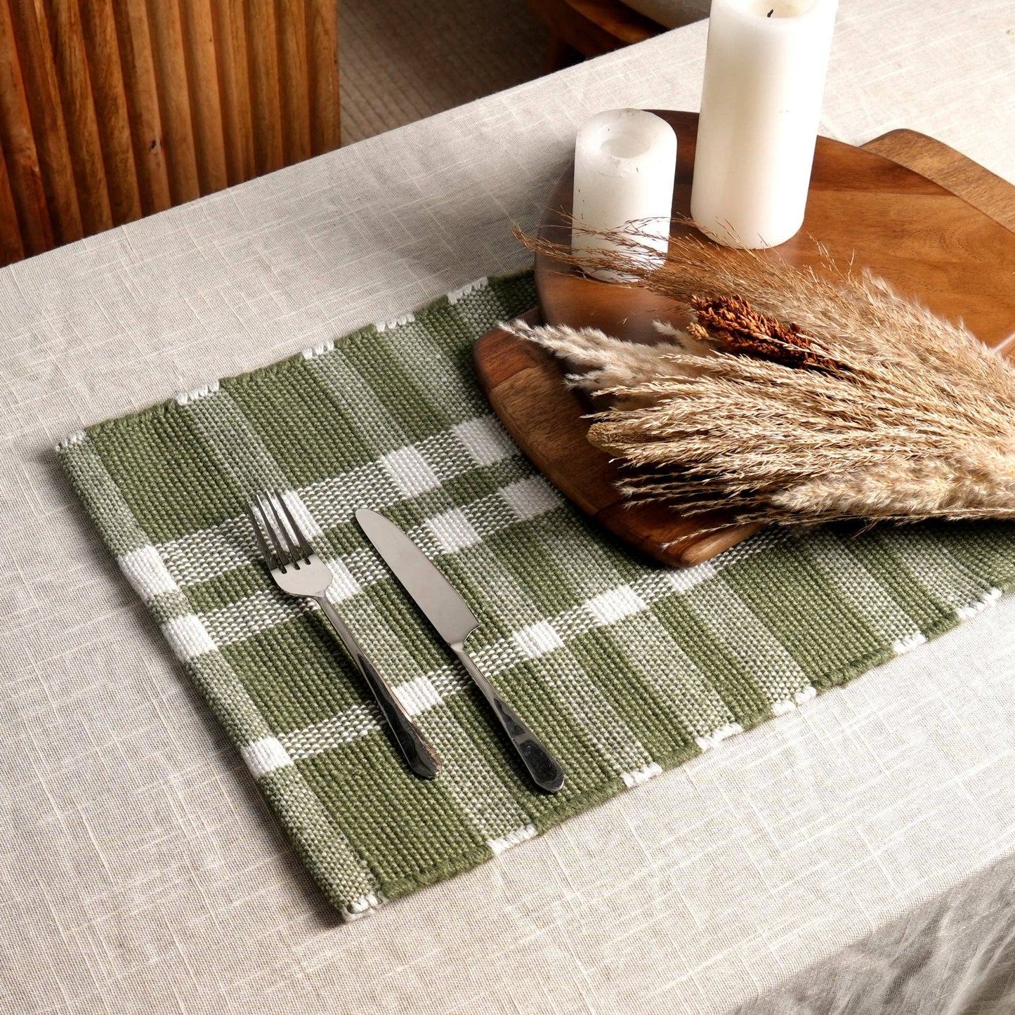 Green Check Stripe Placemat – Durable Polyester Table Mat