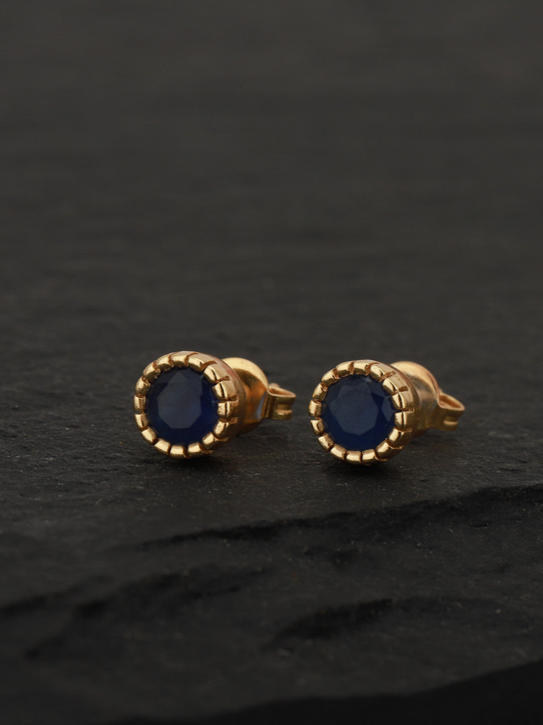 Navy Blue Circular Stud Earrings – Gold-Plated Brass – Artificial Stone Embellished