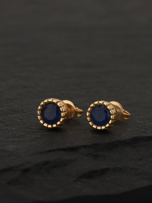 Navy Blue Circular Stud Earrings – Gold-Plated Brass – Artificial Stone Embellished