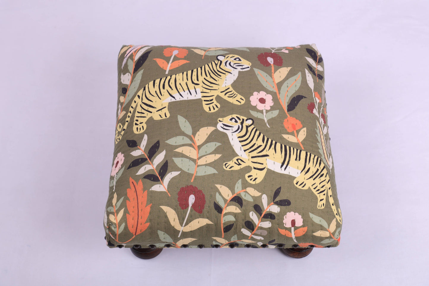 Botanical Tiger Cotton Footstool with Wooden Legs – Green