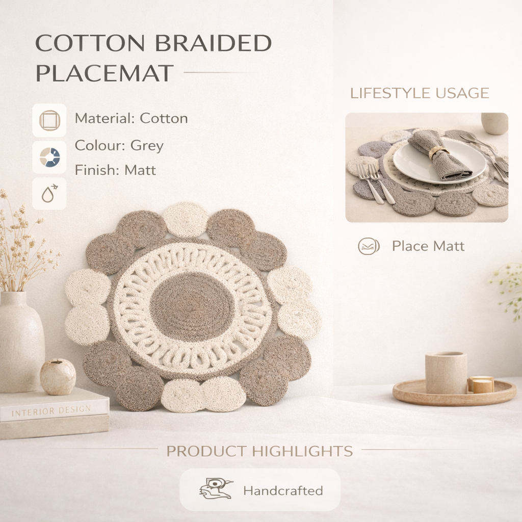 Grey Cotton Braided Placemat – Handcrafted Dining Mat