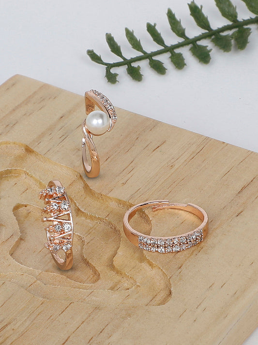 Rose Gold-Plated CZ & Beaded Finger Rings – Adjustable Ring Set – Mixed Finishes – Pack of 3