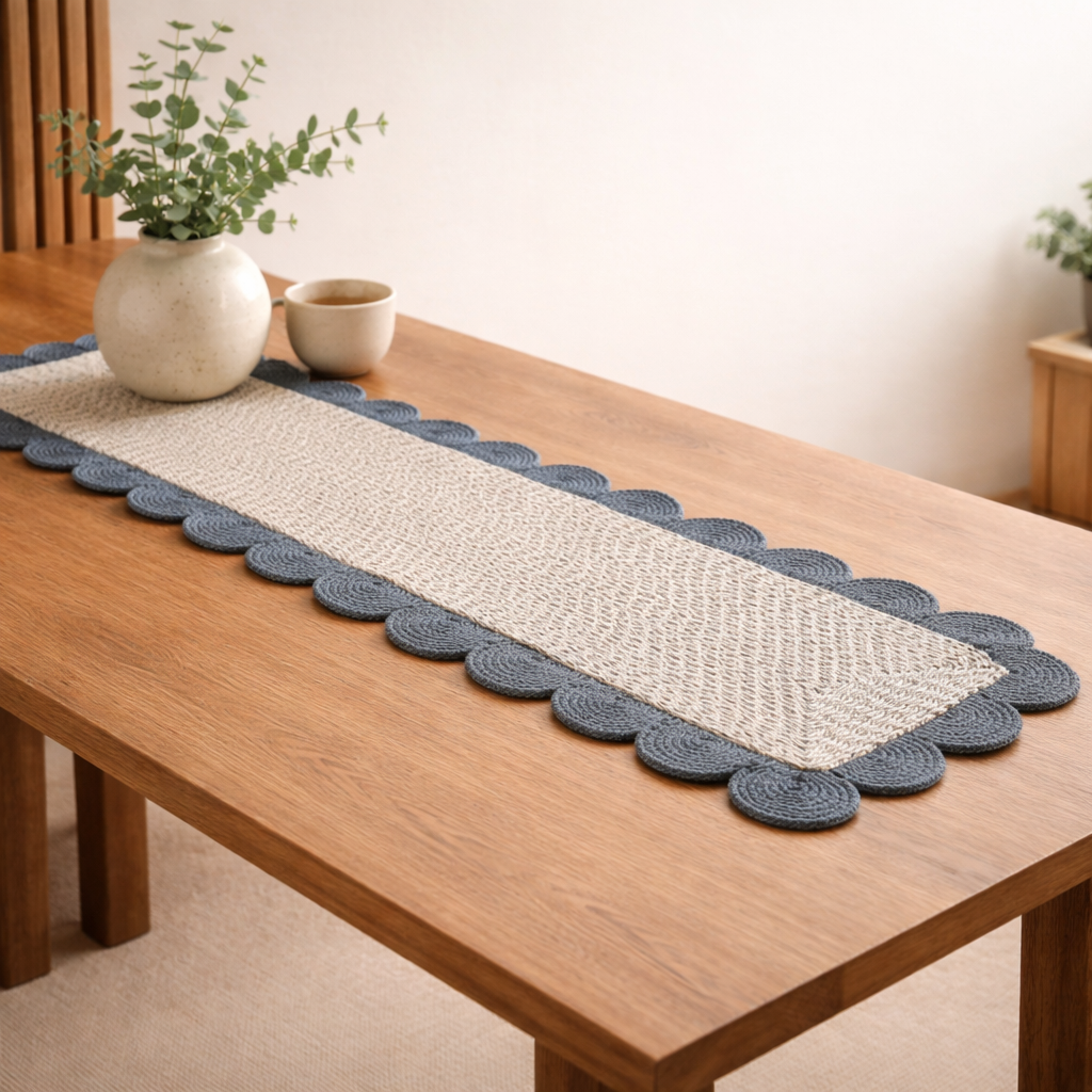 Blue Cotton Braided Table Runner – Handcrafted Dining Decor