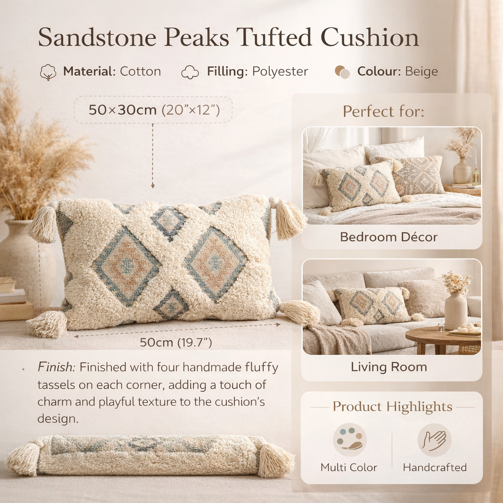 Sandstone Peaks Tufted Cushion with Tassels – Beige | 50×30 cm