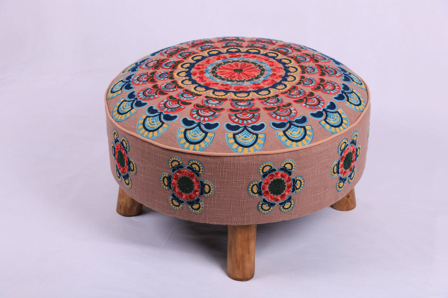 Embroidered Round Cotton Ottoman with Wooden Legs