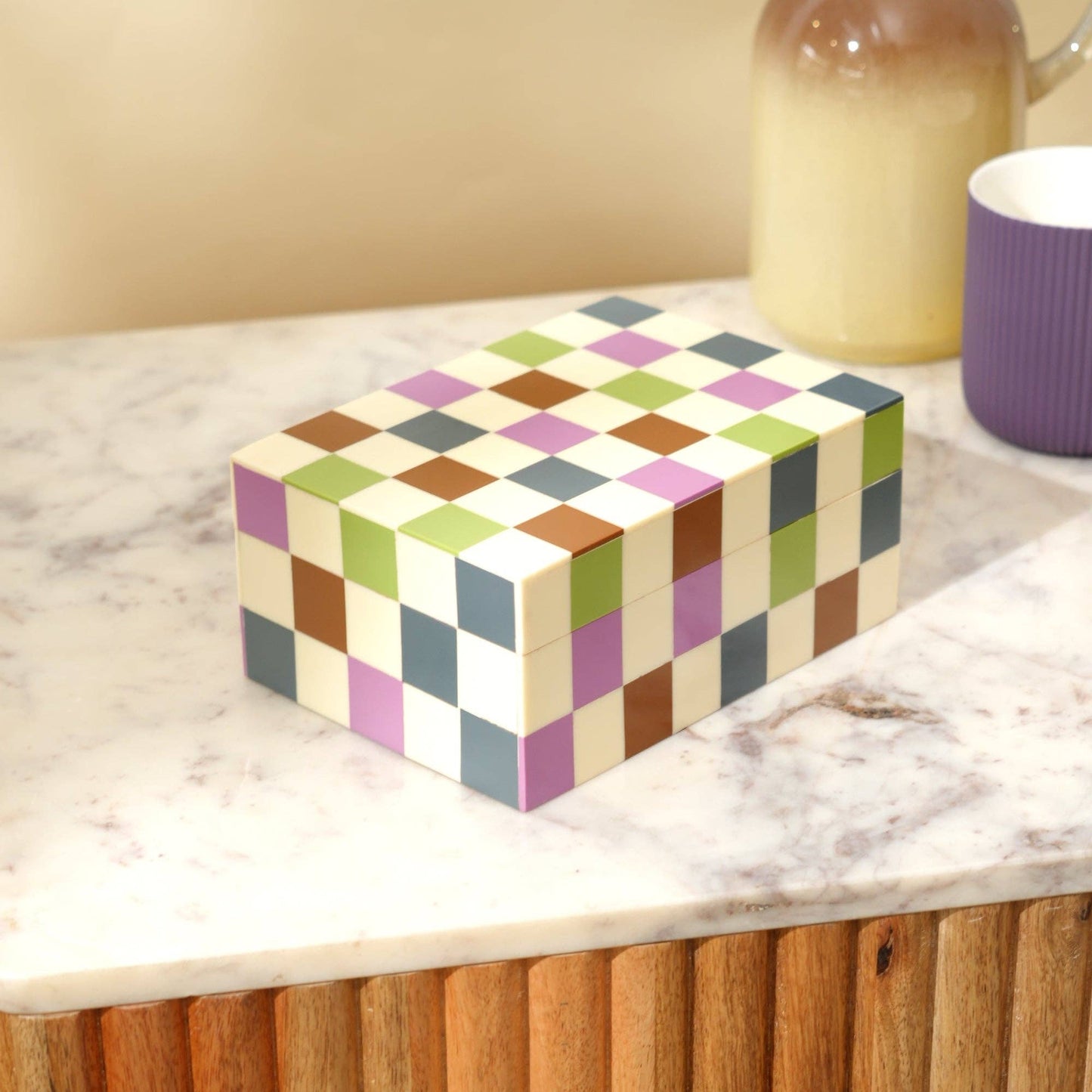 Checkered Resin Storage Box 7x5x3 Inch Glossy MDF Décor
