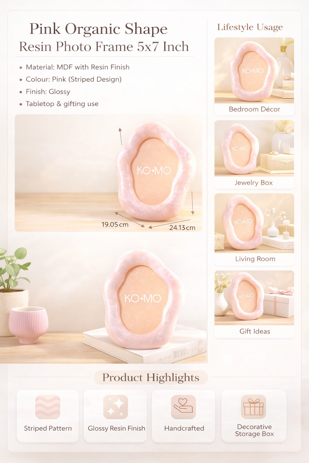 Pink Organic Shape Resin Photo Frame 5x7 Inch Décor