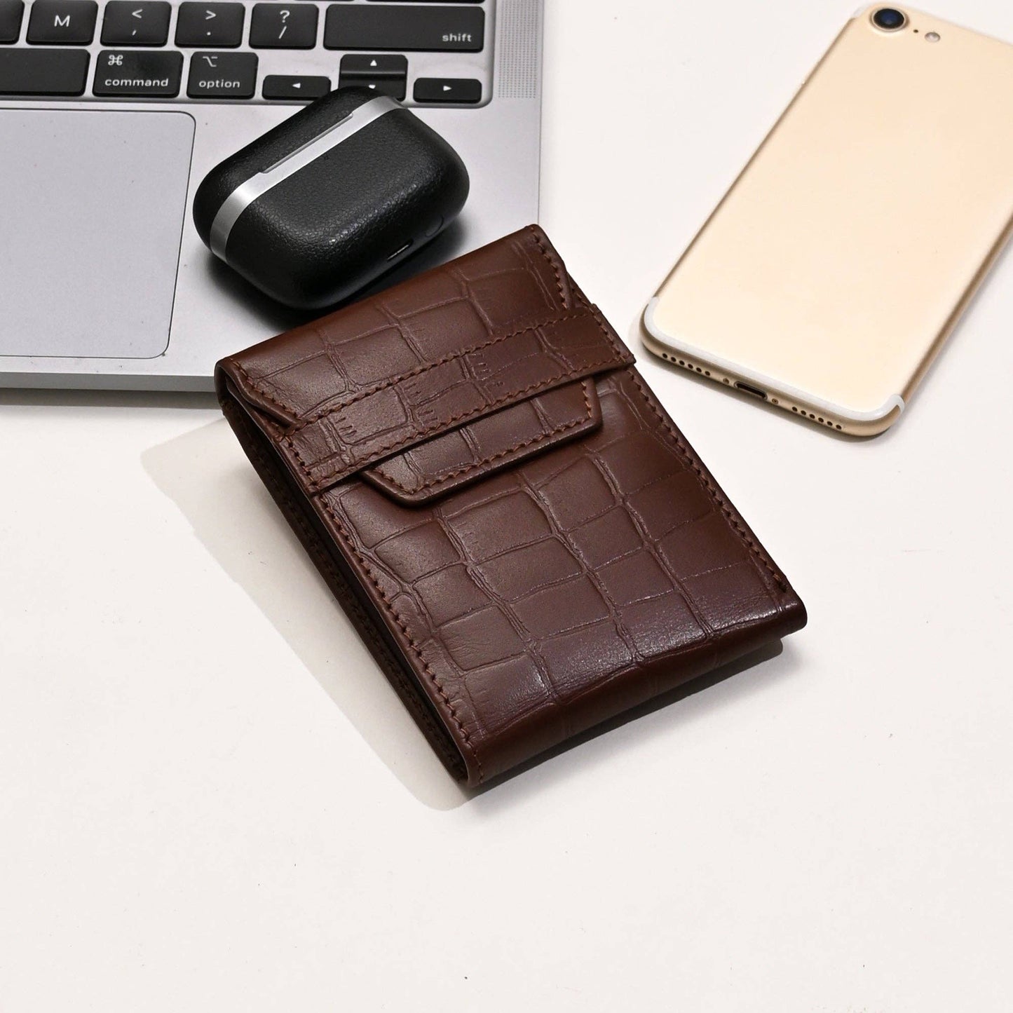 Handcrafted Brown Croc Slim Wallet – Coin & Card Slots
