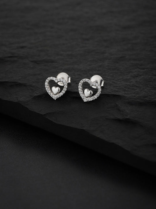 925 Sterling Silver Heart Studs – Rhodium-Plated Earrings – CZ Accented – 0.90 cm